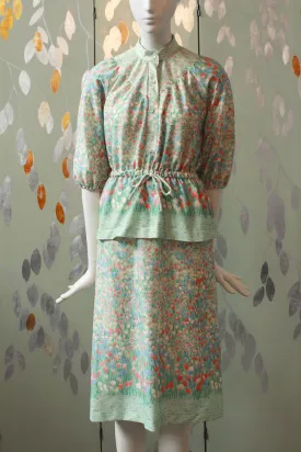 1970s Vintage Tulip Matching Set, Vintage Spring Set, 1970s Floral Skirt, Seafoam Floral Top XS/S