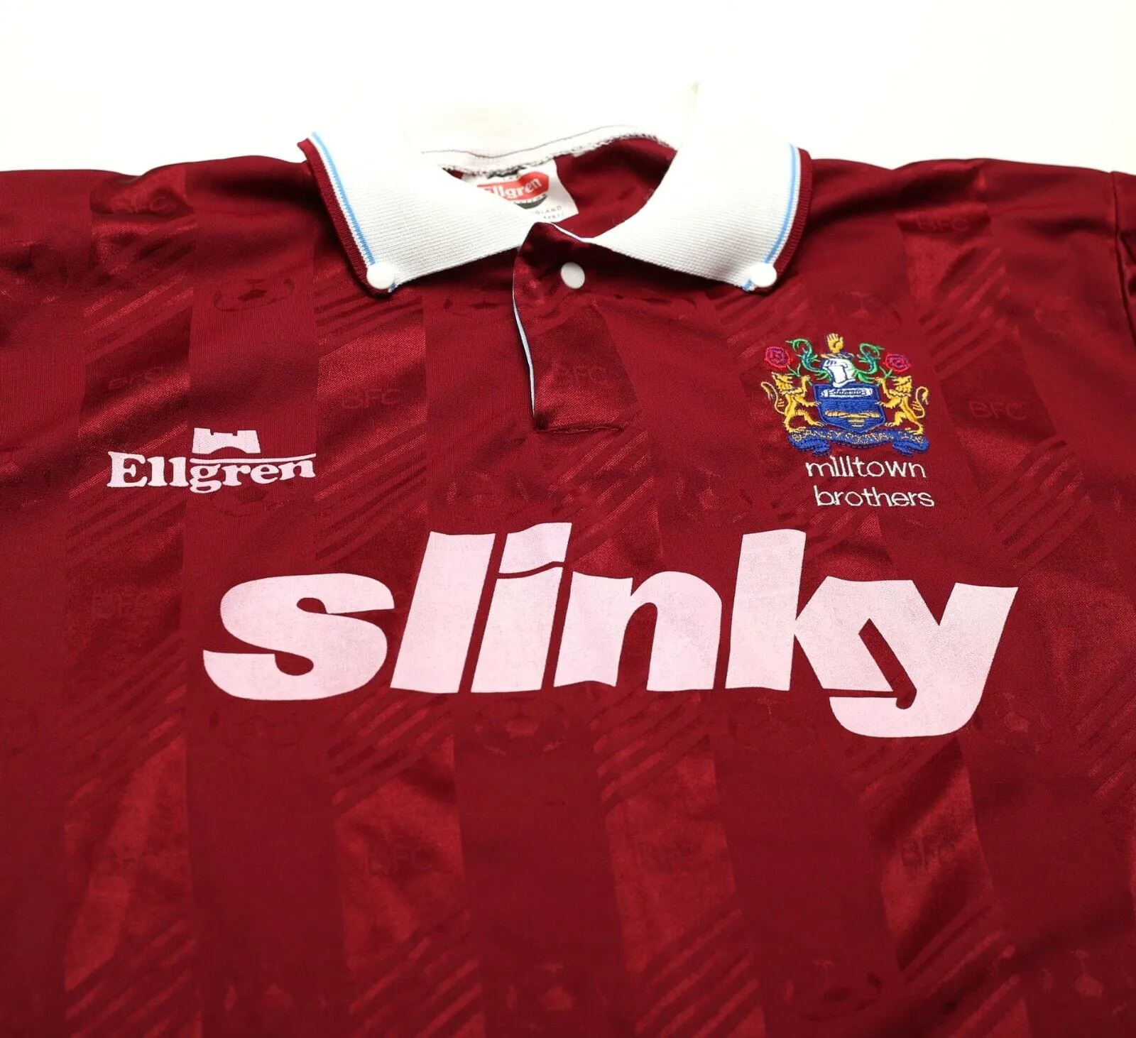 1991 BURNLEY FC / MILLTOWN BROTHERS Vintage Ellgreen Football Shirt (L) Slinky