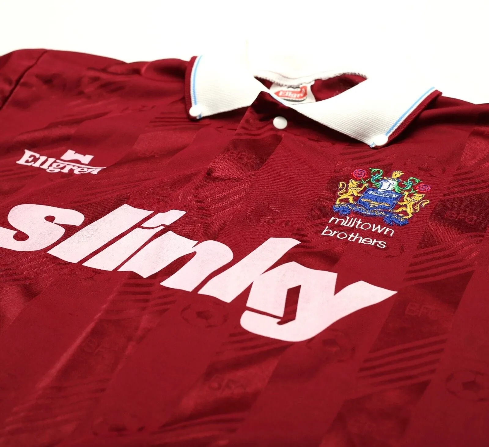 1991 BURNLEY FC / MILLTOWN BROTHERS Vintage Ellgreen Football Shirt (L) Slinky