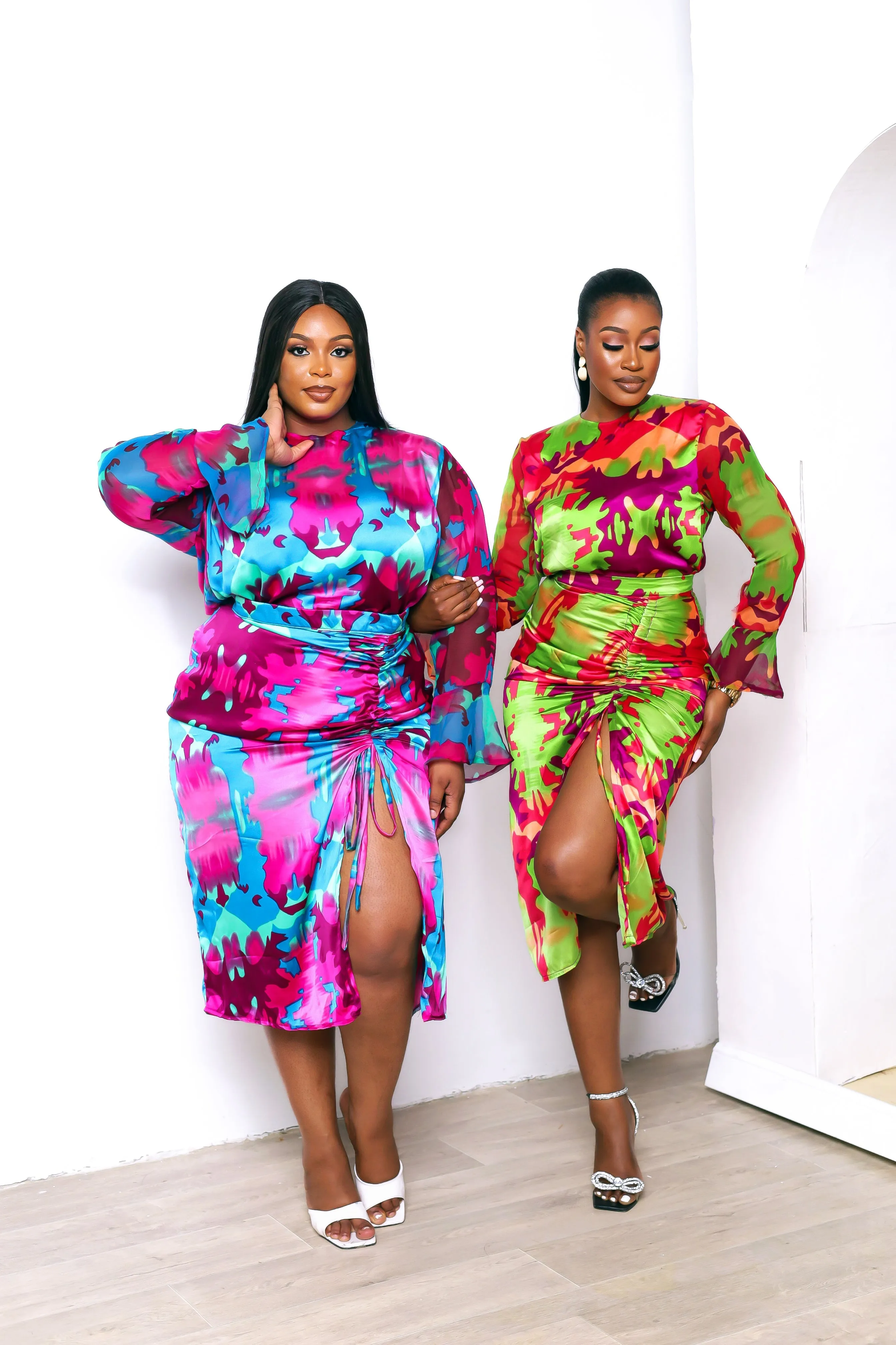 2 Pcs African Print Silk Long Sleeve Blouse and Drawstring Skirt Set - Jelani