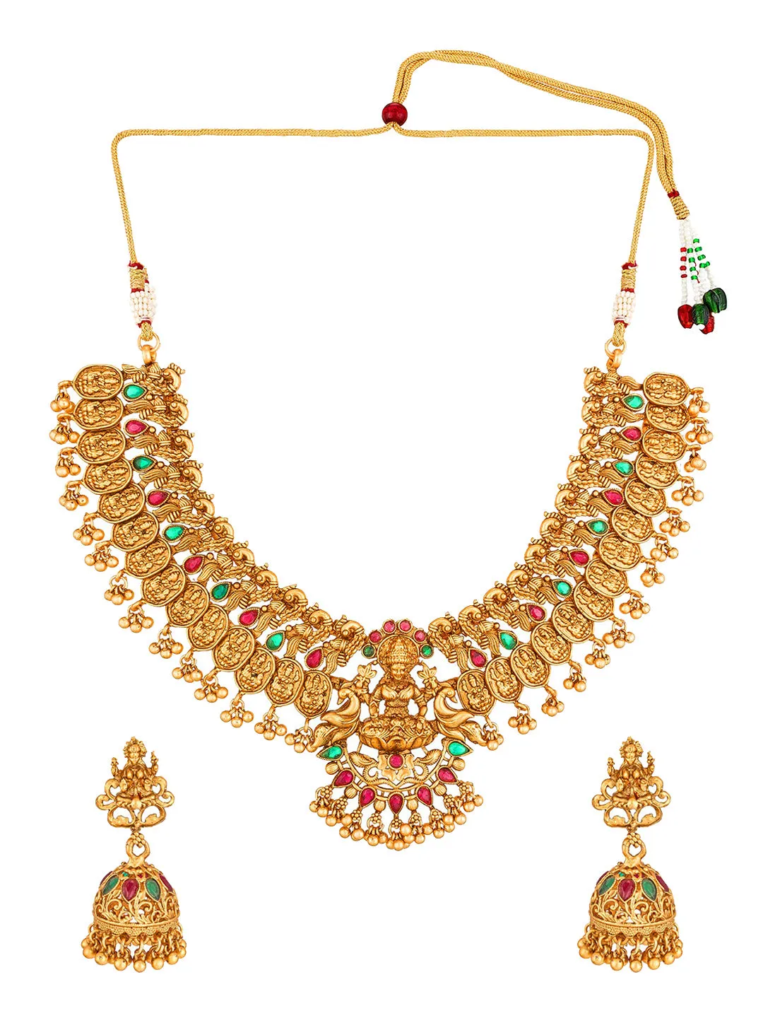 Aadita Gold-Toned Red & Green Stone-Studded Temple Jewelry Set