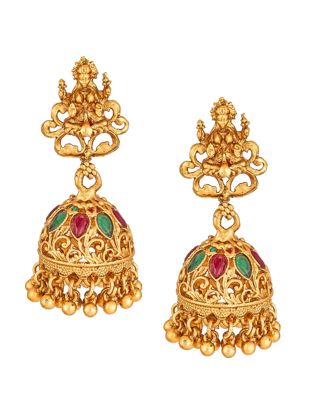 Aadita Gold-Toned Red & Green Stone-Studded Temple Jewelry Set