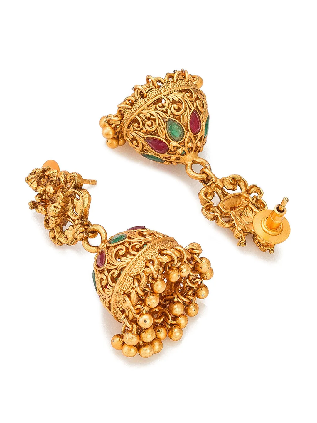 Aadita Gold-Toned Red & Green Stone-Studded Temple Jewelry Set