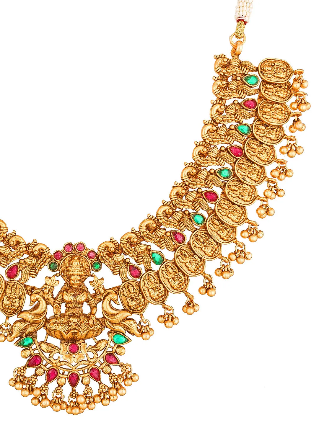 Aadita Gold-Toned Red & Green Stone-Studded Temple Jewelry Set