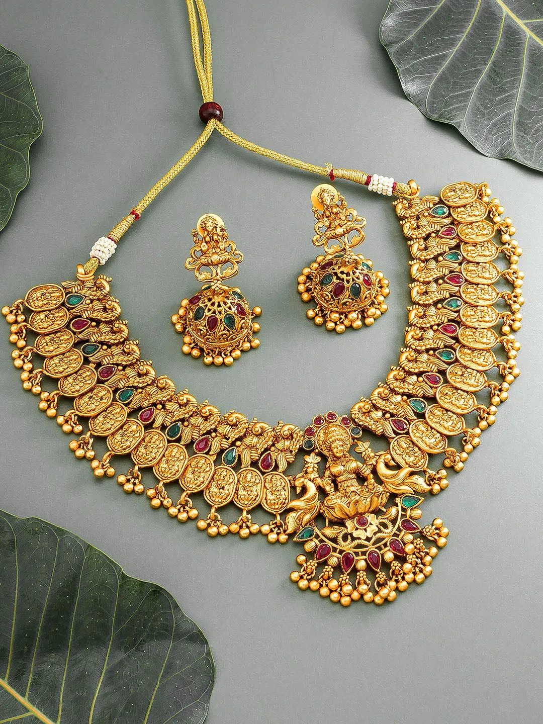 Aadita Gold-Toned Red & Green Stone-Studded Temple Jewelry Set