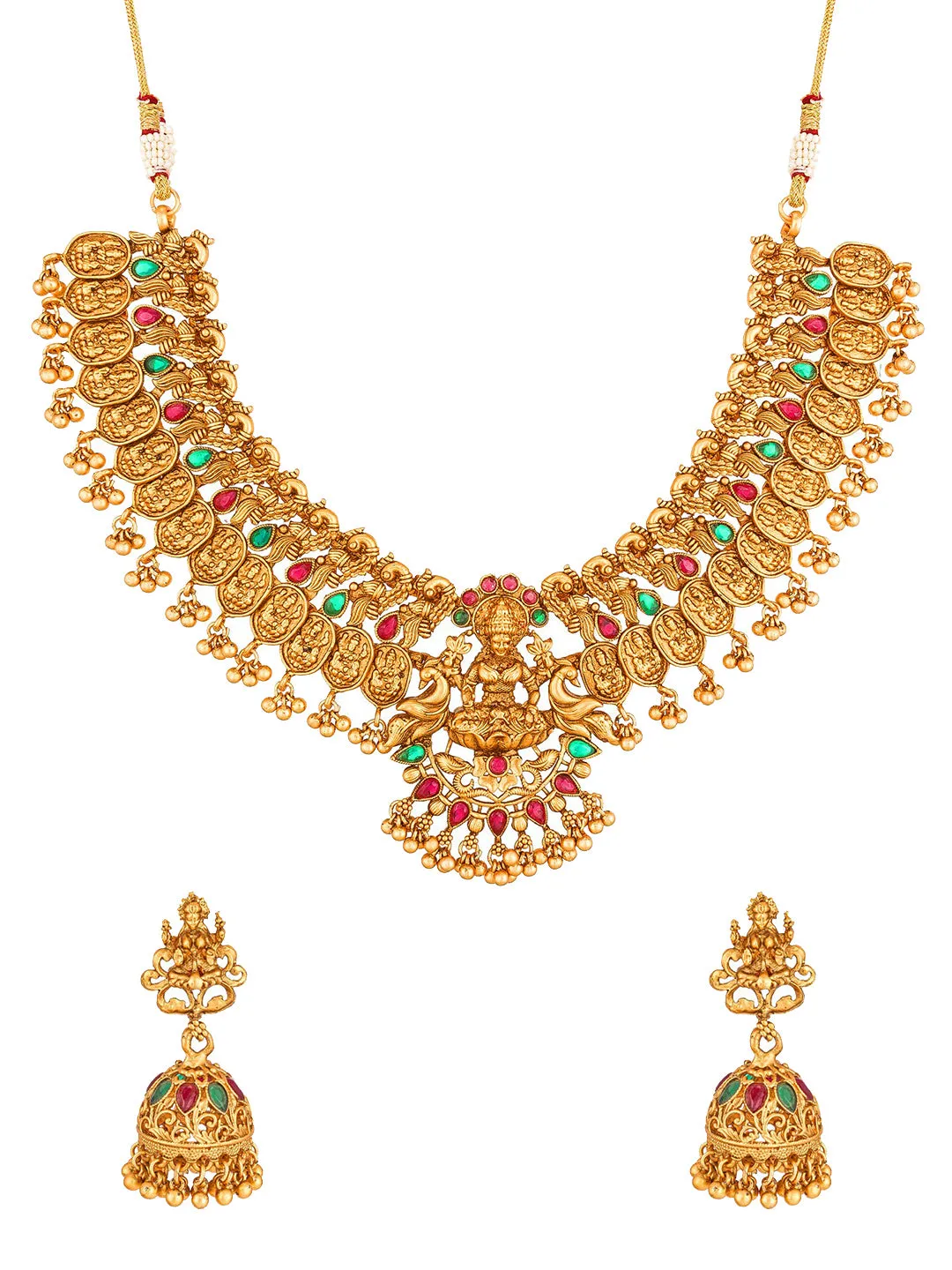 Aadita Gold-Toned Red & Green Stone-Studded Temple Jewelry Set