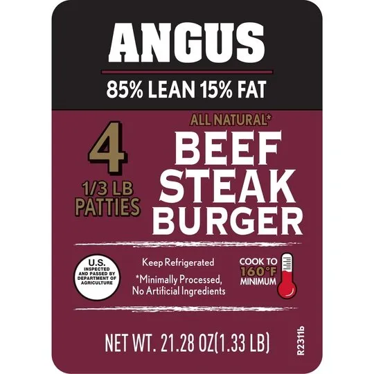 All Natural* 85% Lean/15% Fat Angus Ground Beef Steak Burgers, 4 Count, 1.33 lb Tray