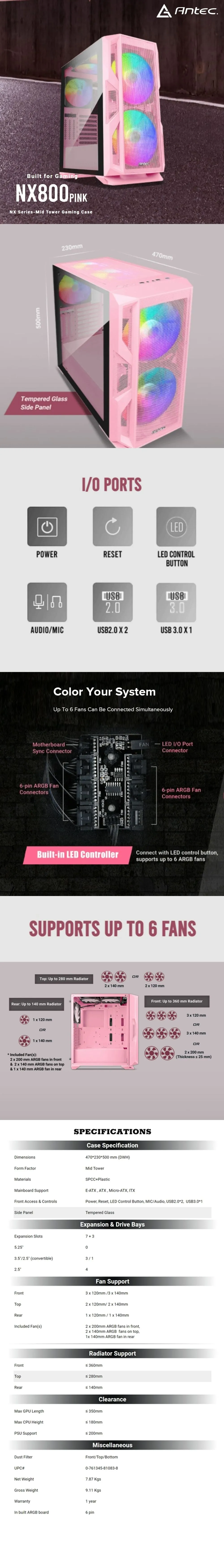 Antec NX800 Pink E-ATX Mid-Tower TG PC Case (2*200mm Front, 2*140mm Top, 1*140mm Rear ARGB Fans) 19GLO ANNX2642