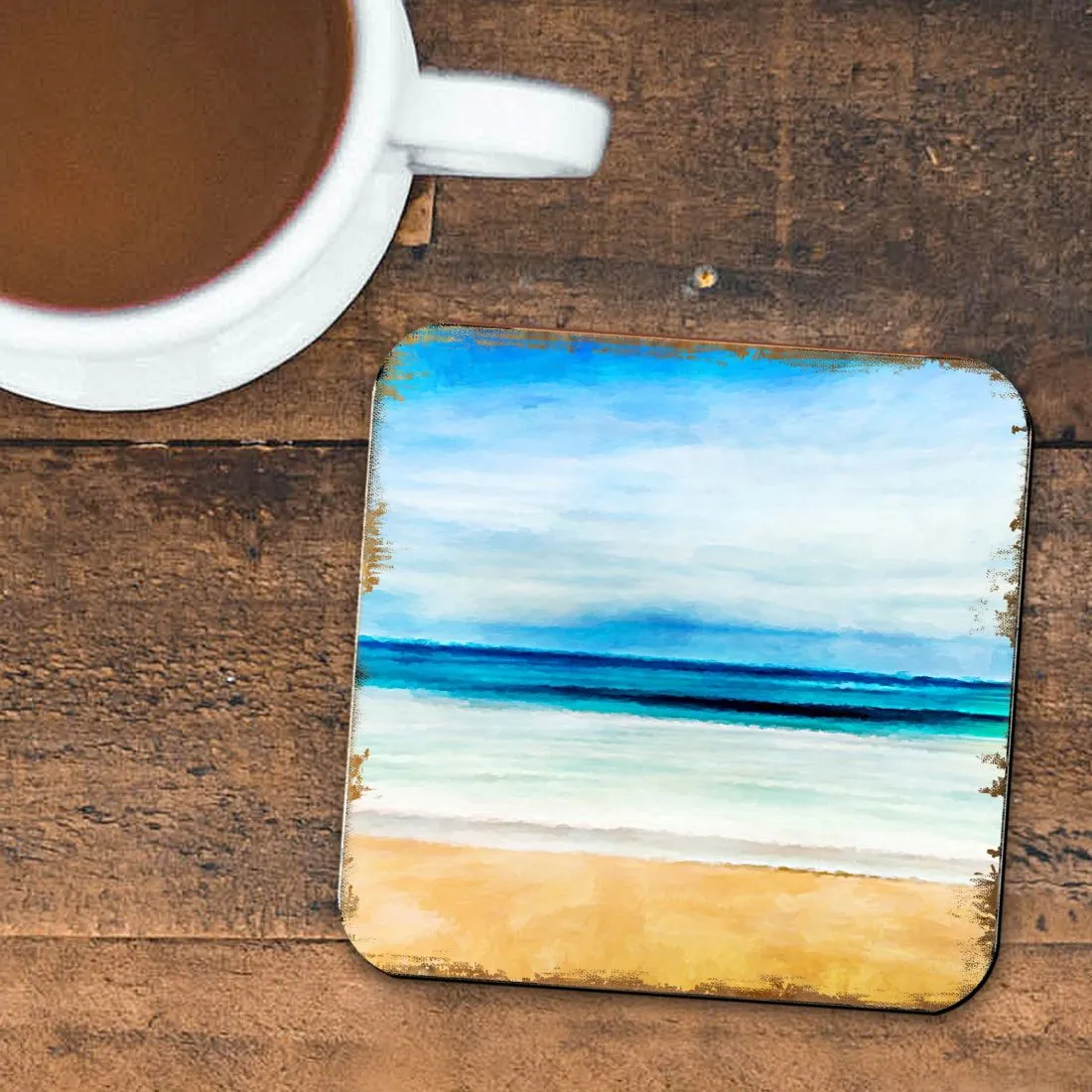 Beach Coastal Wooden Cork Coasters Gift Set of 4 by Nature Wonders - Coastal Sea-Life Décor - 95226C-S4