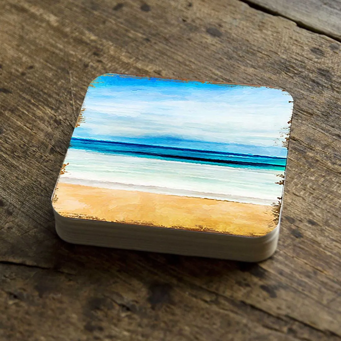 Beach Coastal Wooden Cork Coasters Gift Set of 4 by Nature Wonders - Coastal Sea-Life Décor - 95226C-S4