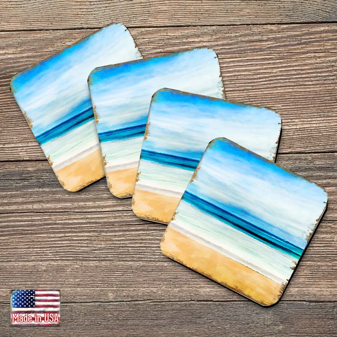 Beach Coastal Wooden Cork Coasters Gift Set of 4 by Nature Wonders - Coastal Sea-Life Décor - 95226C-S4