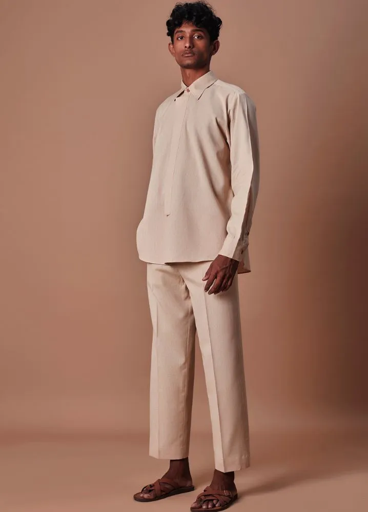 Beige Placket Shirt And Ankle Pant Set