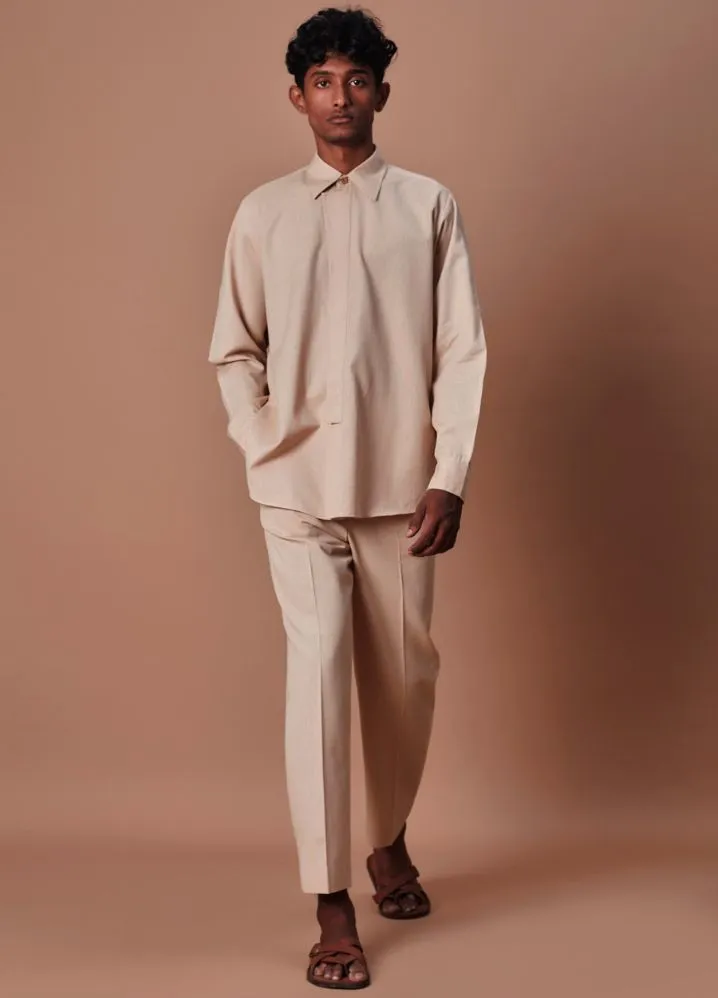 Beige Placket Shirt And Ankle Pant Set