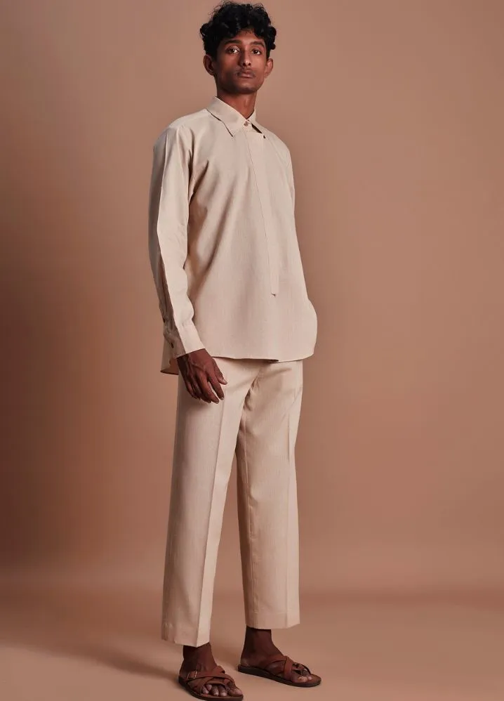 Beige Placket Shirt And Ankle Pant Set