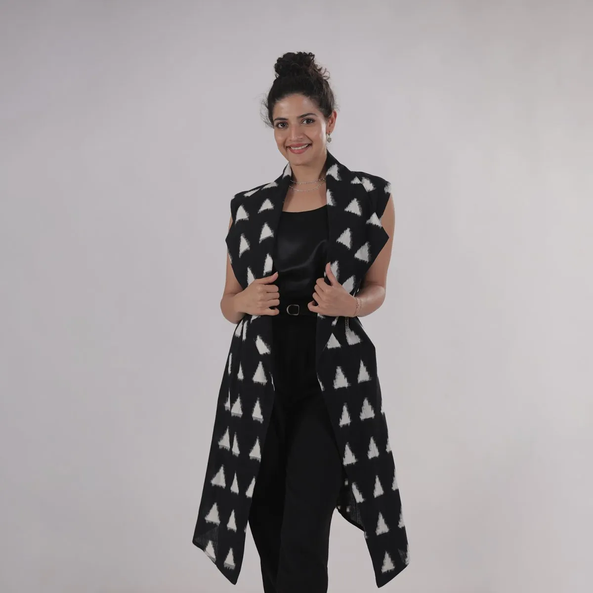 Black & White Handprinted Ikat Sleeveless Shrug