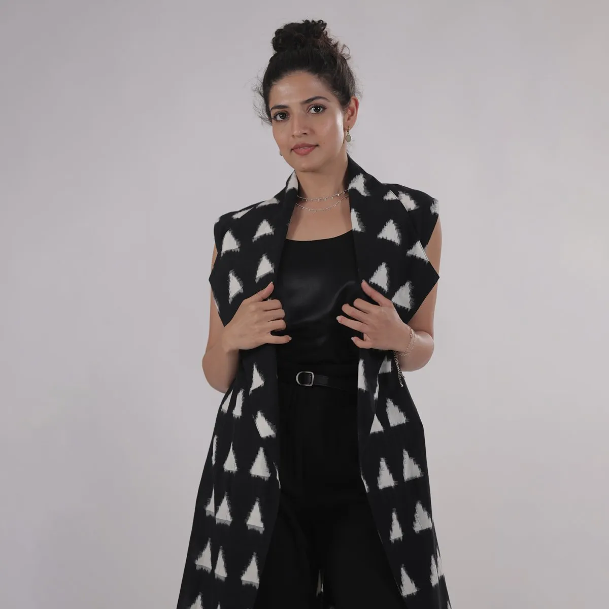 Black & White Handprinted Ikat Sleeveless Shrug