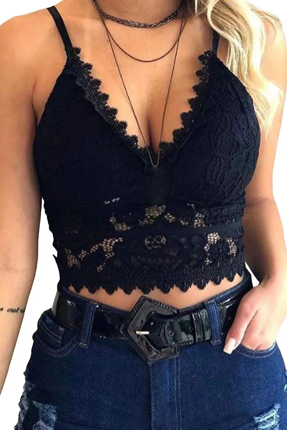 Black Deep Neck Lace Bralette Top