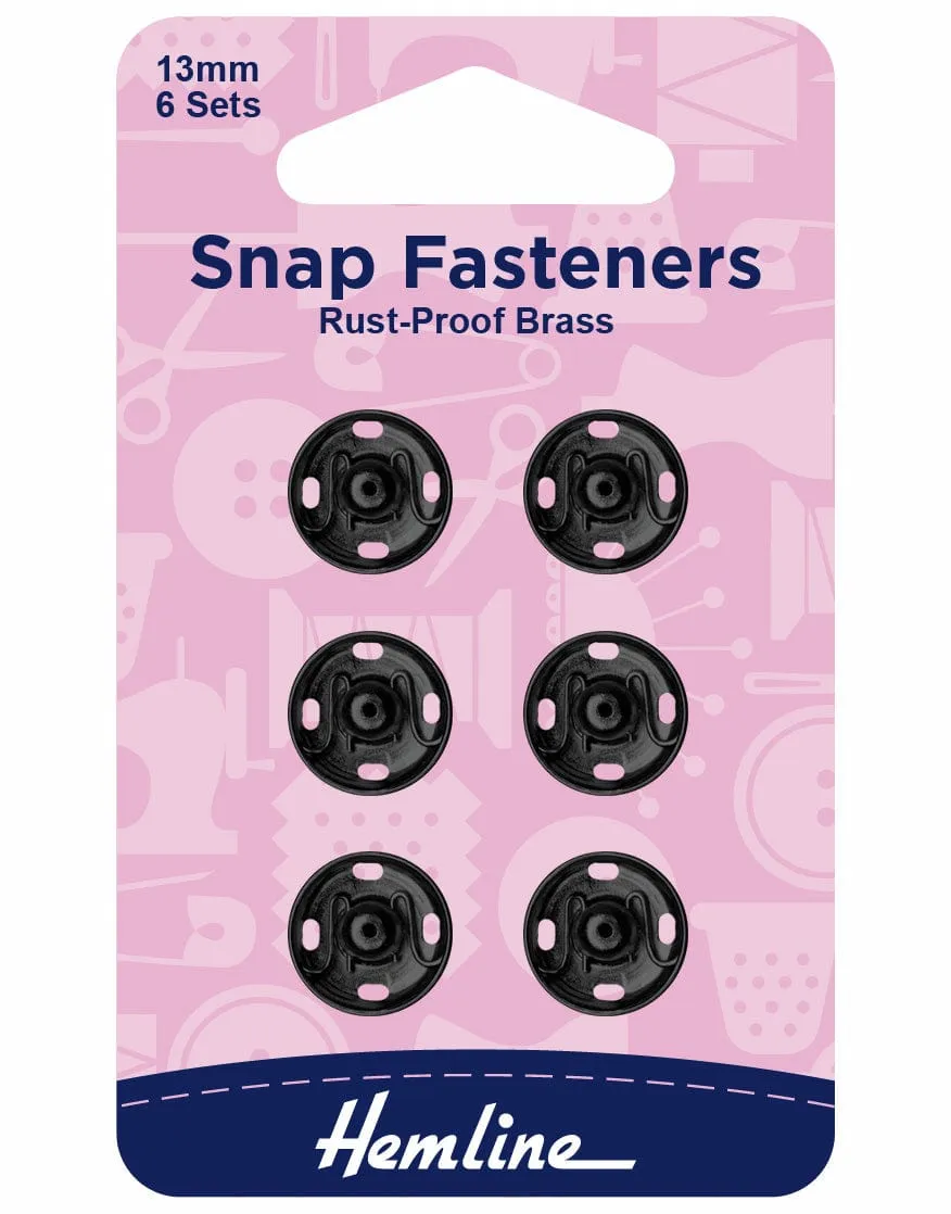 Black Snap Fasteners 13mm Hemline 6 sets