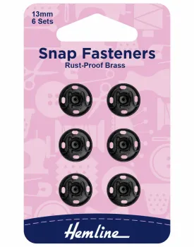 Black Snap Fasteners 13mm Hemline 6 sets