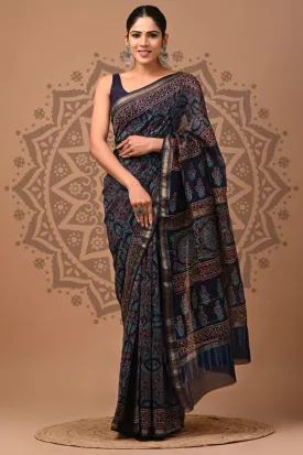 Blue Maheshwari Bagru Print Saree