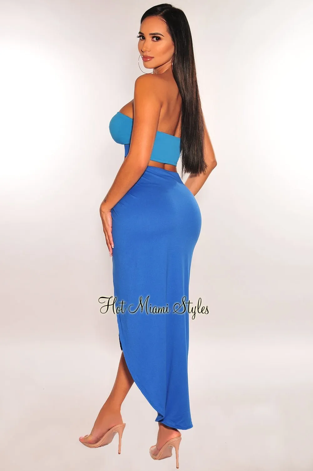 Blue Two Toned Strapless O Ring Cut Out Slit Skirt Two Piece Set