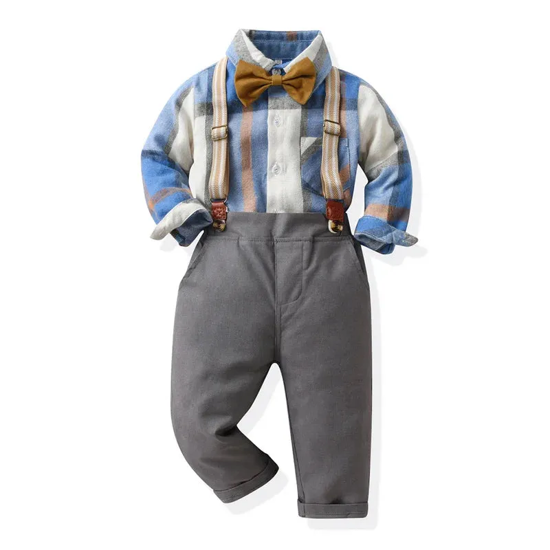 Boys Long Plaid Top Suspenders Gentleman Outfit Sets