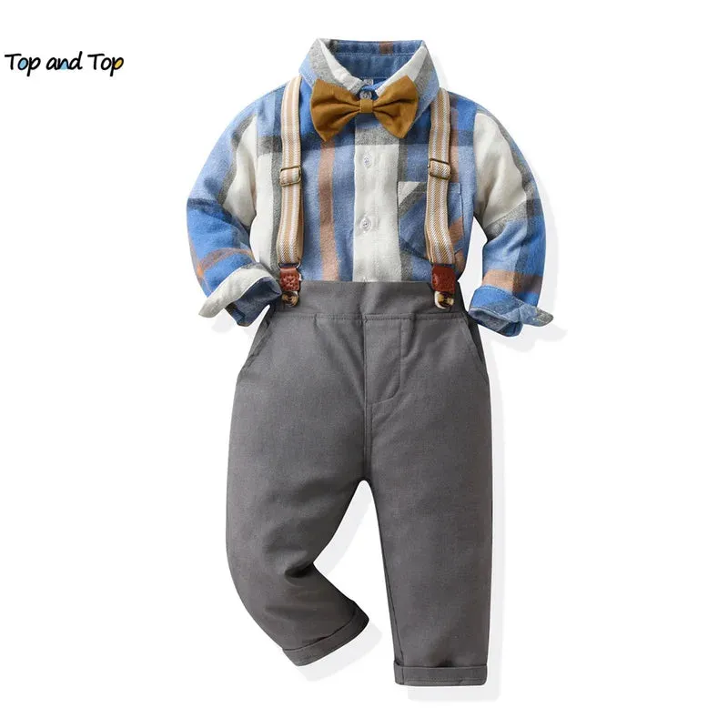 Boys Long Plaid Top Suspenders Gentleman Outfit Sets