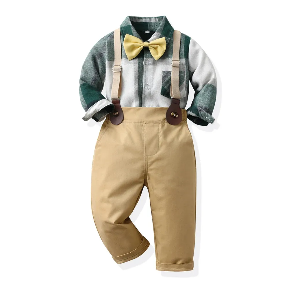 Boys Long Plaid Top Suspenders Gentleman Outfit Sets