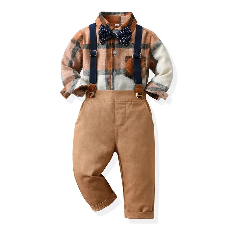 Boys Long Plaid Top Suspenders Gentleman Outfit Sets