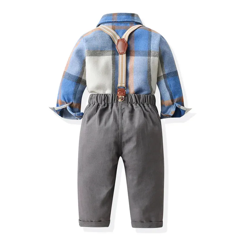 Boys Long Plaid Top Suspenders Gentleman Outfit Sets