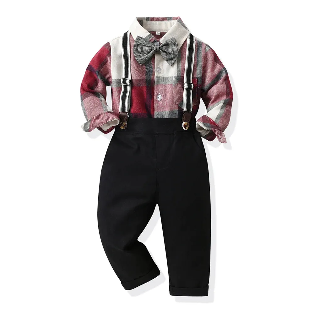 Boys Long Plaid Top Suspenders Gentleman Outfit Sets