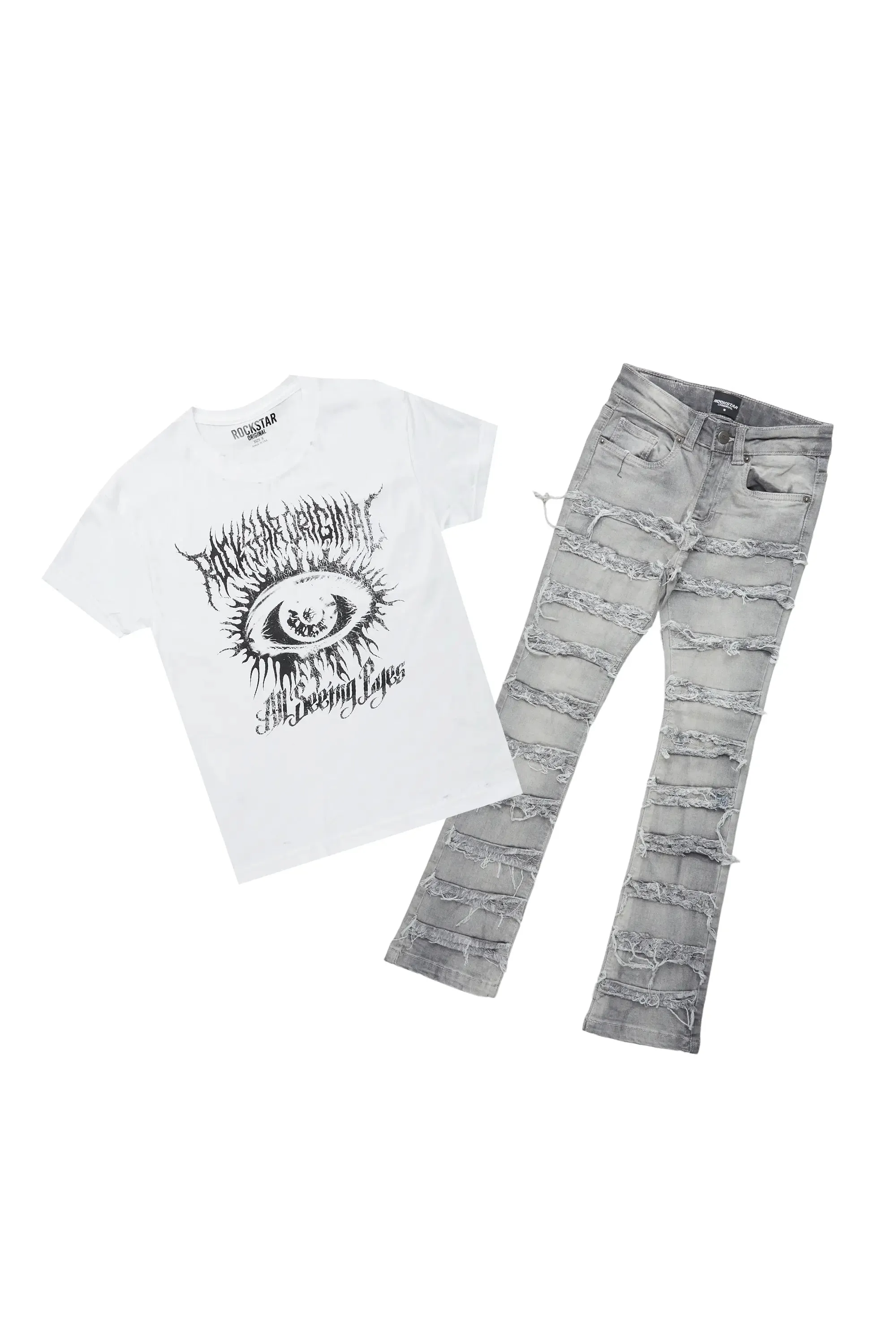 Boys Naresh White T-Shirt/Frayed Skinny Stacked Flare Jean Set