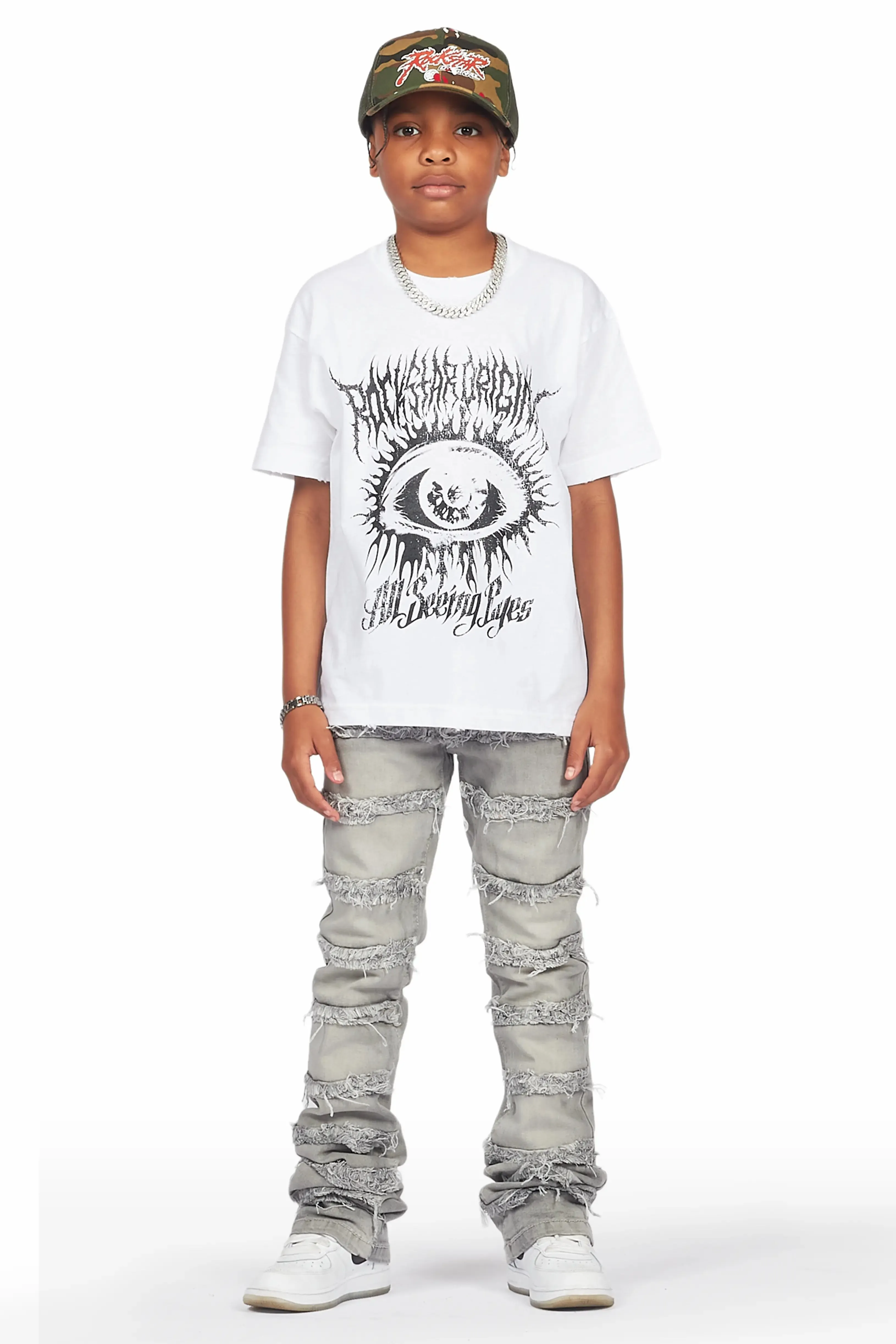 Boys Naresh White T-Shirt/Frayed Skinny Stacked Flare Jean Set