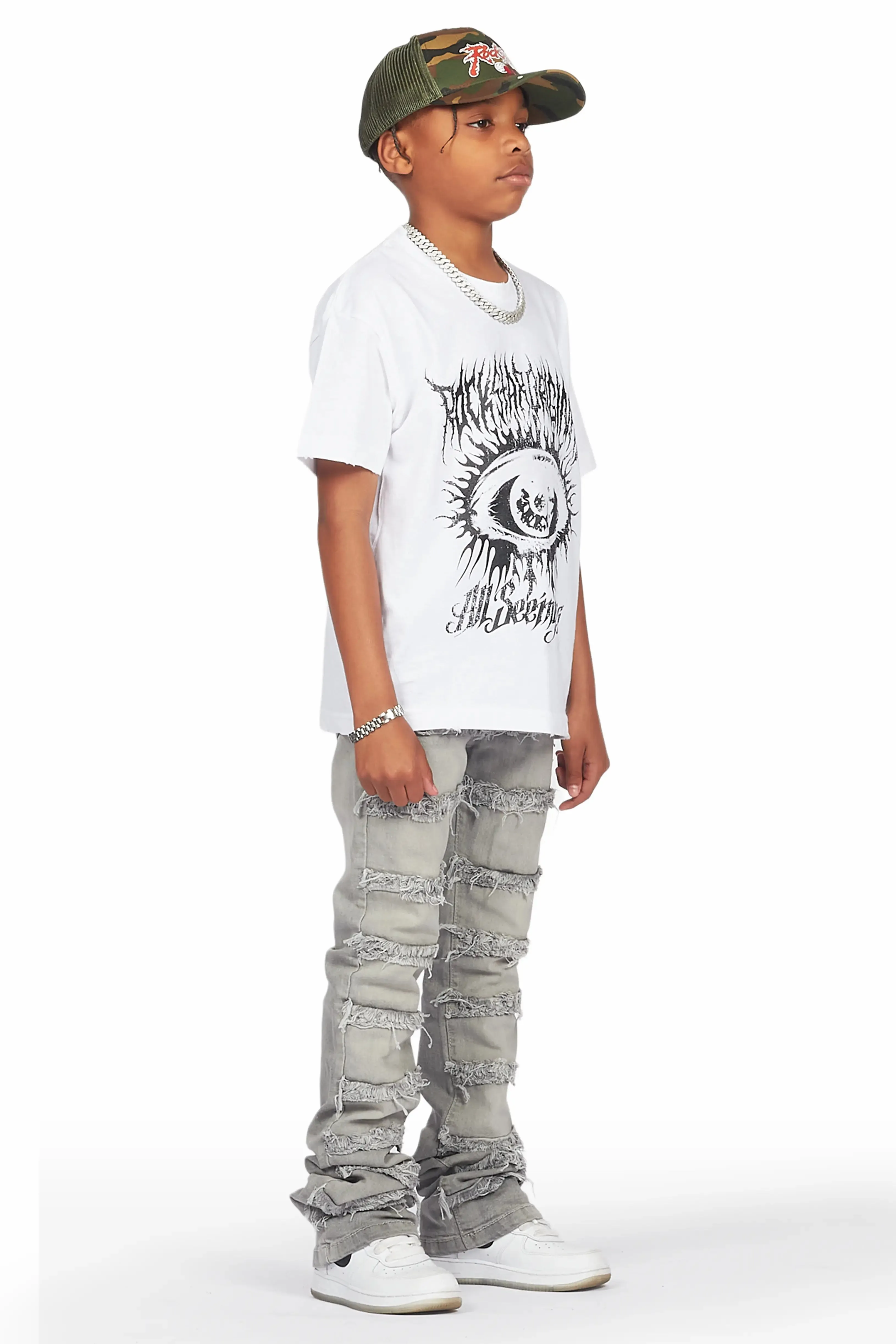 Boys Naresh White T-Shirt/Frayed Skinny Stacked Flare Jean Set