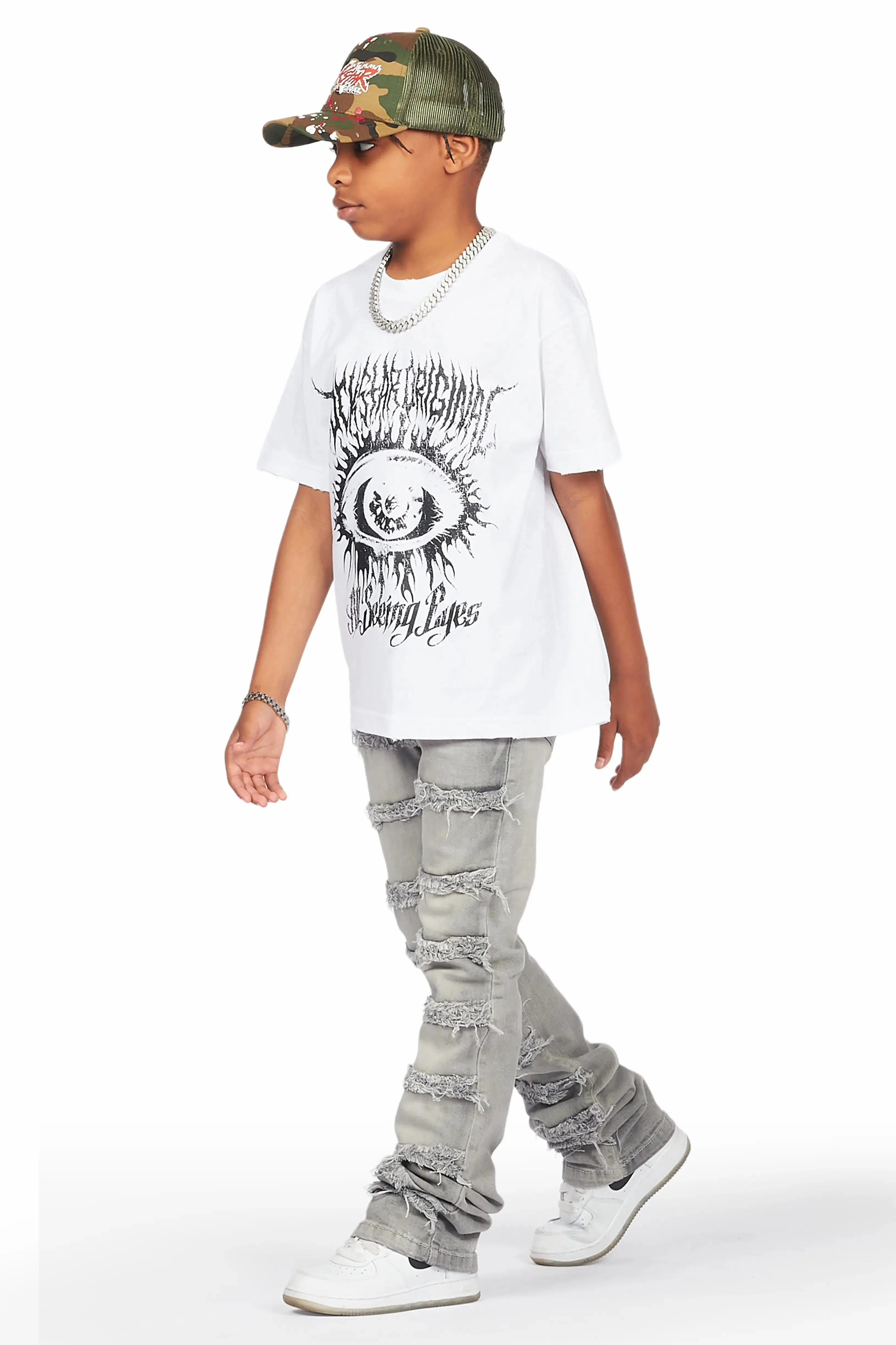 Boys Naresh White T-Shirt/Frayed Skinny Stacked Flare Jean Set