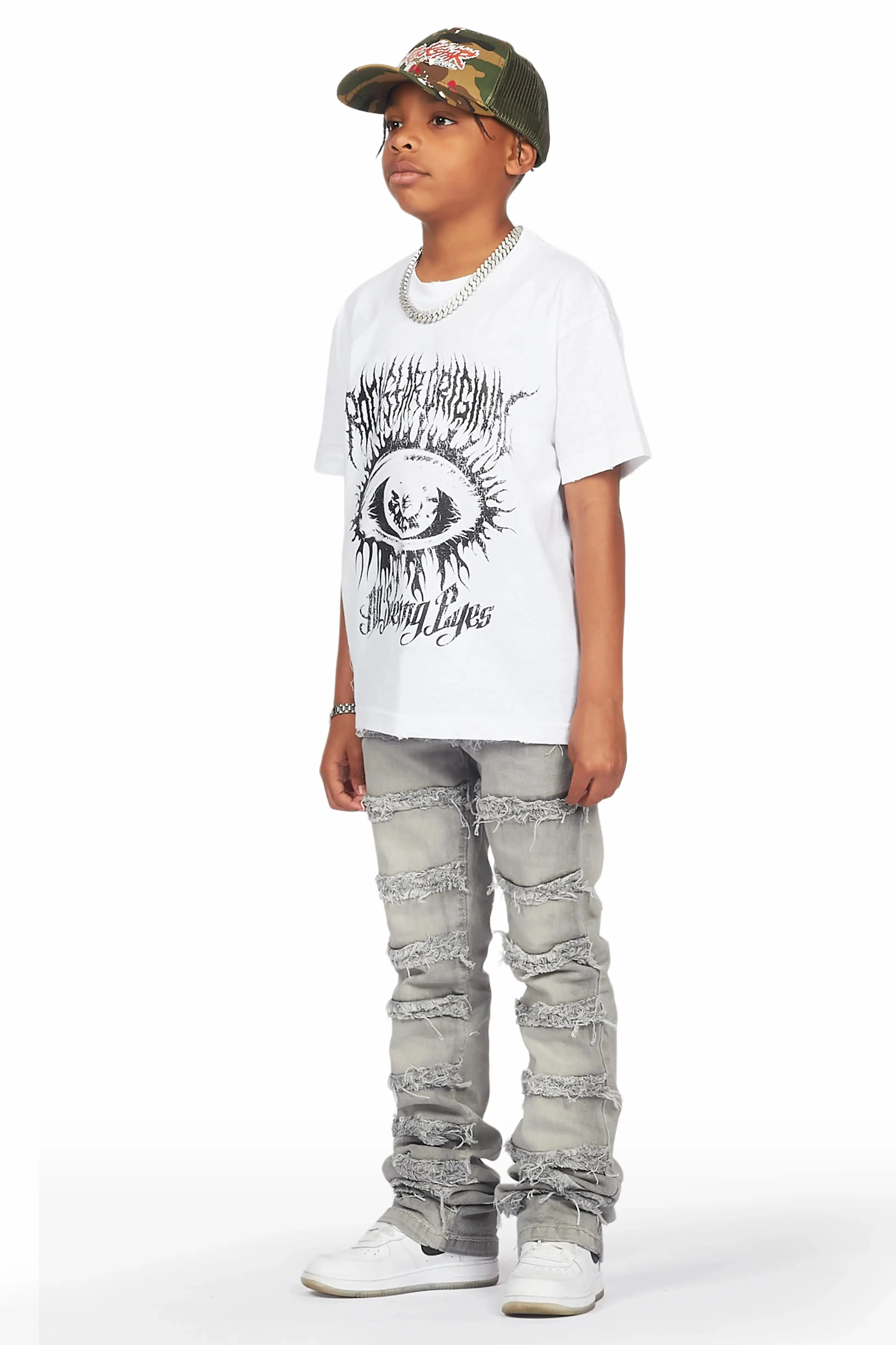 Boys Naresh White T-Shirt/Frayed Skinny Stacked Flare Jean Set