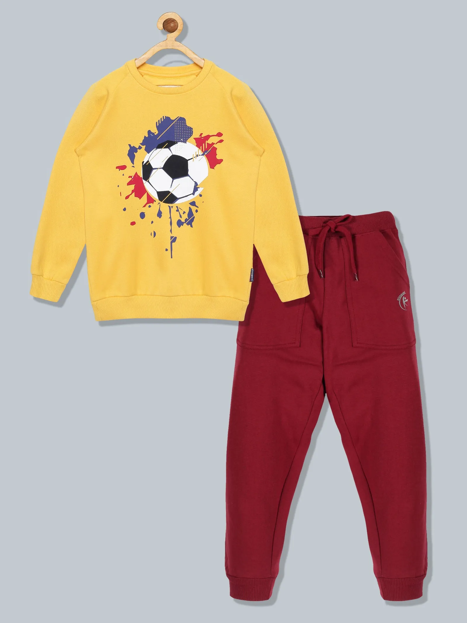 Boys Printed Round Neck Sweatshirt & Solid Fleece Track Pant Set