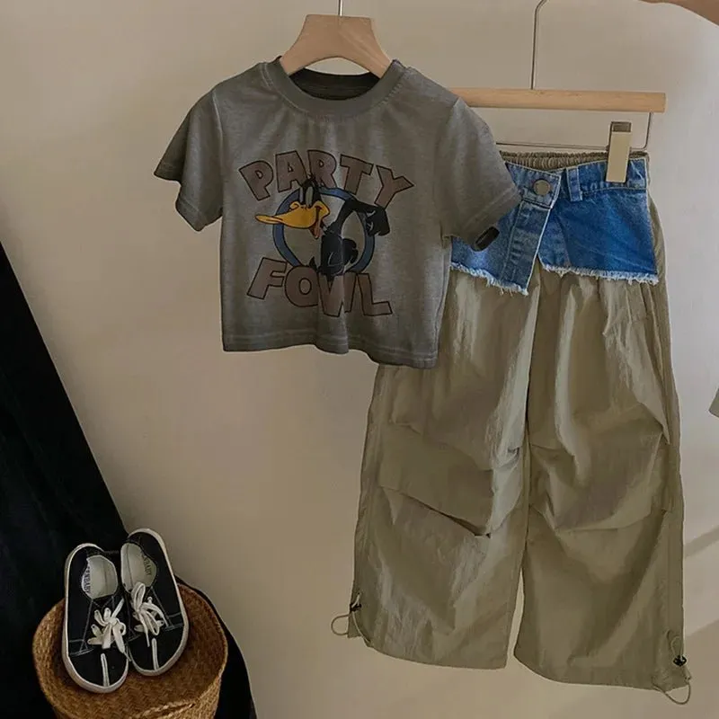 Cartoon Letter Tee & Wide Leg Cargos Two Piece