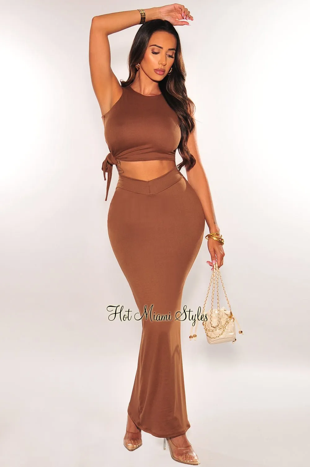 Chocolate Sleeveless Knot Skirt Two Piece Set