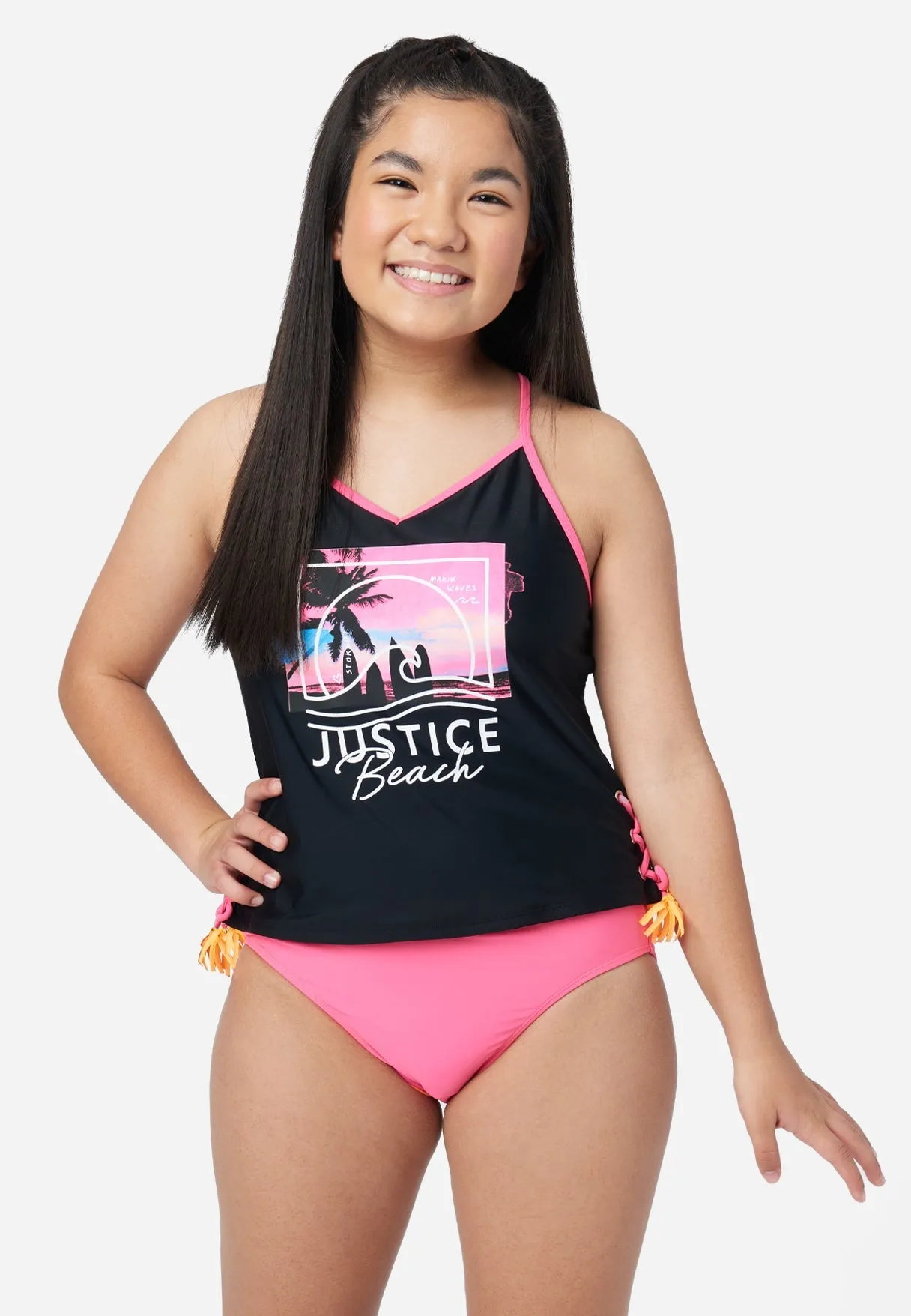 Color Block Lace-Up Tankini Swim Set