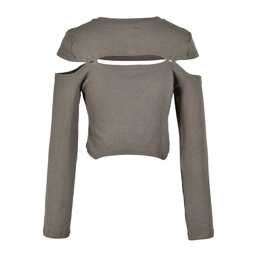 Deconstructed Crew Neck Split Trim Long Sleeve Rib Knit Asymmetric Crop Top