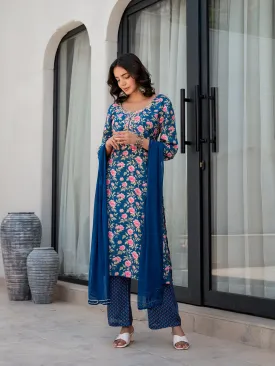 Divena Blue Embroidered Floral Print Muslin Kurta Set