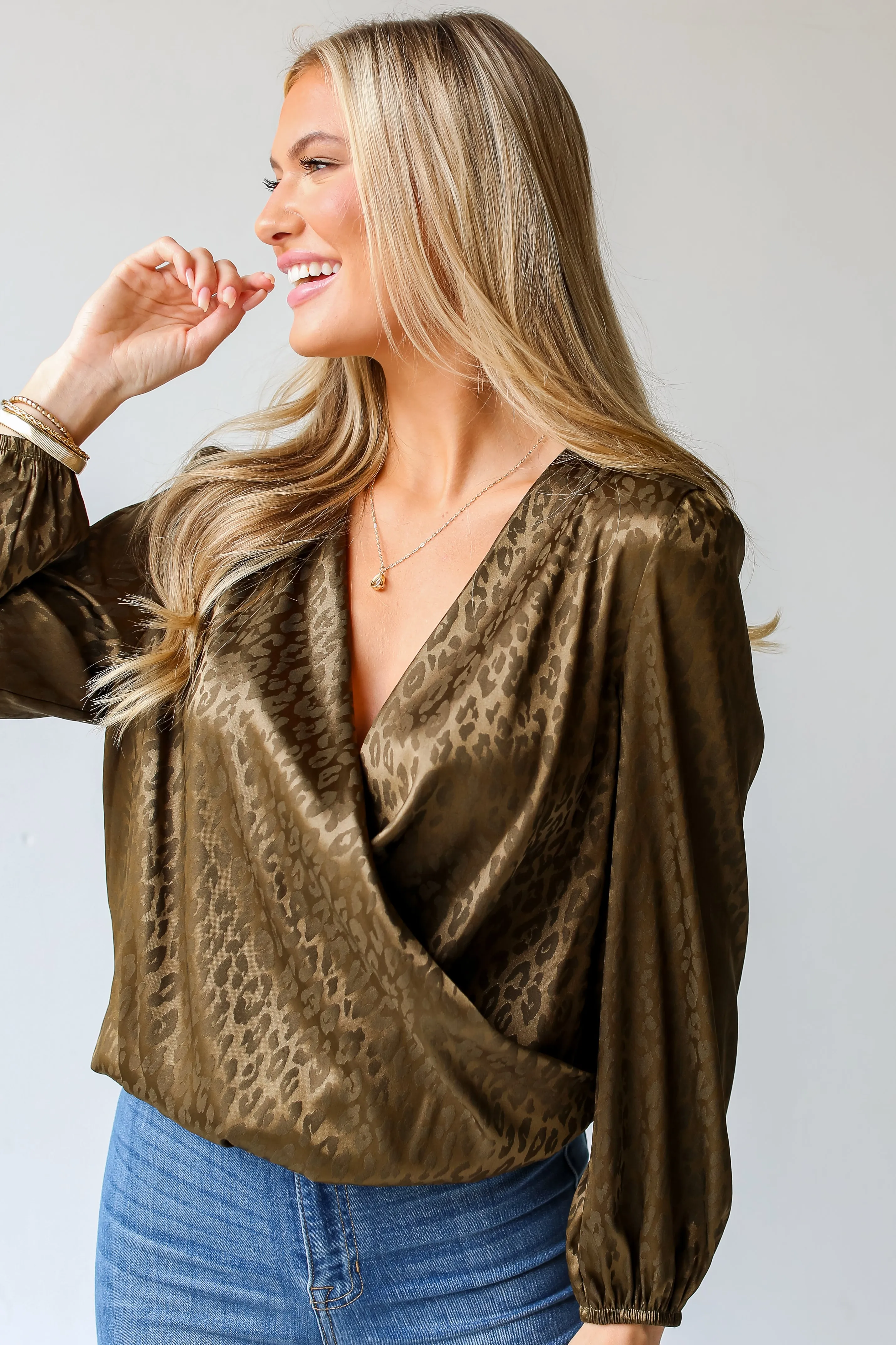 FINAL SALE - Acting Wild Olive Leopard Surplice Blouse