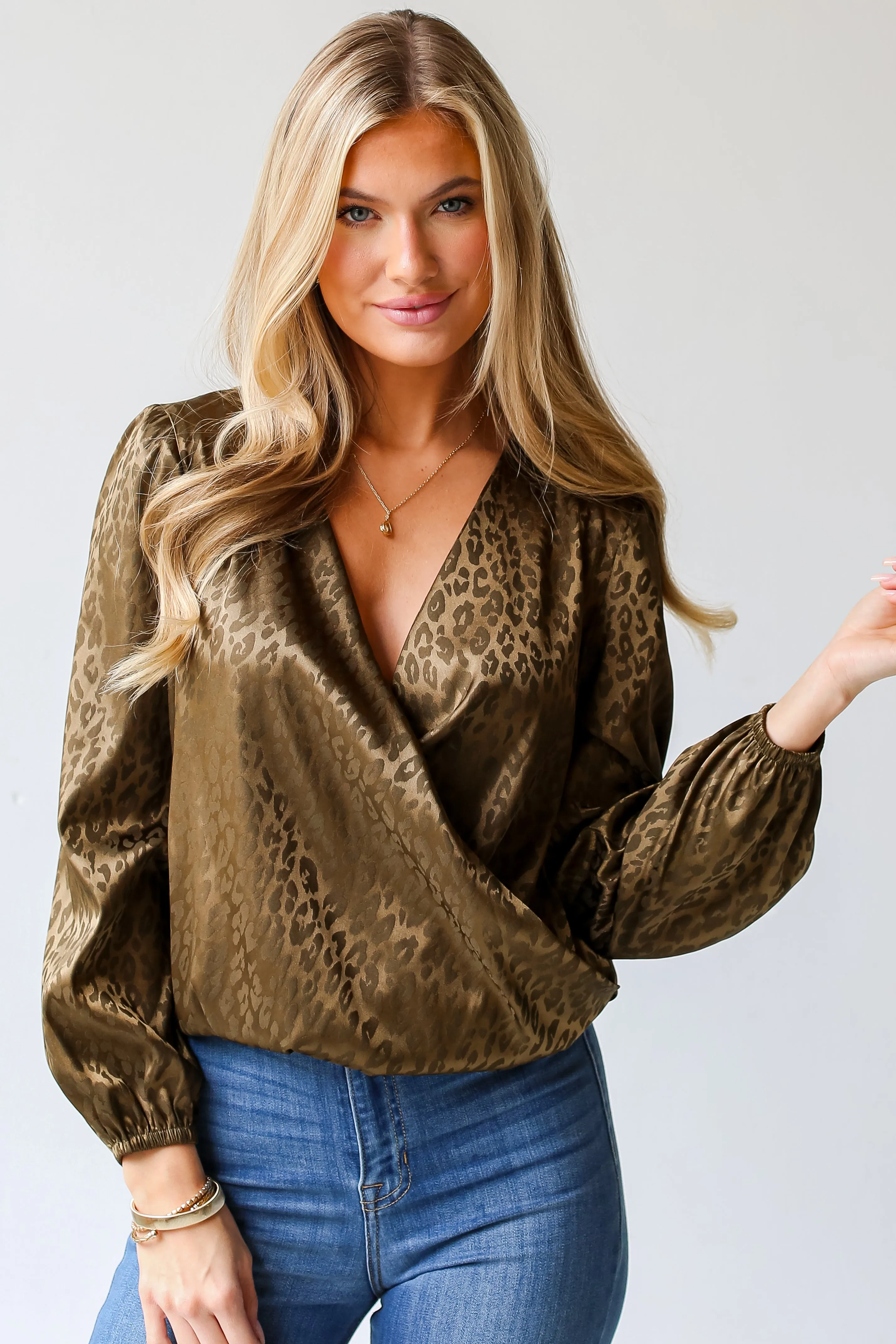 FINAL SALE - Acting Wild Olive Leopard Surplice Blouse