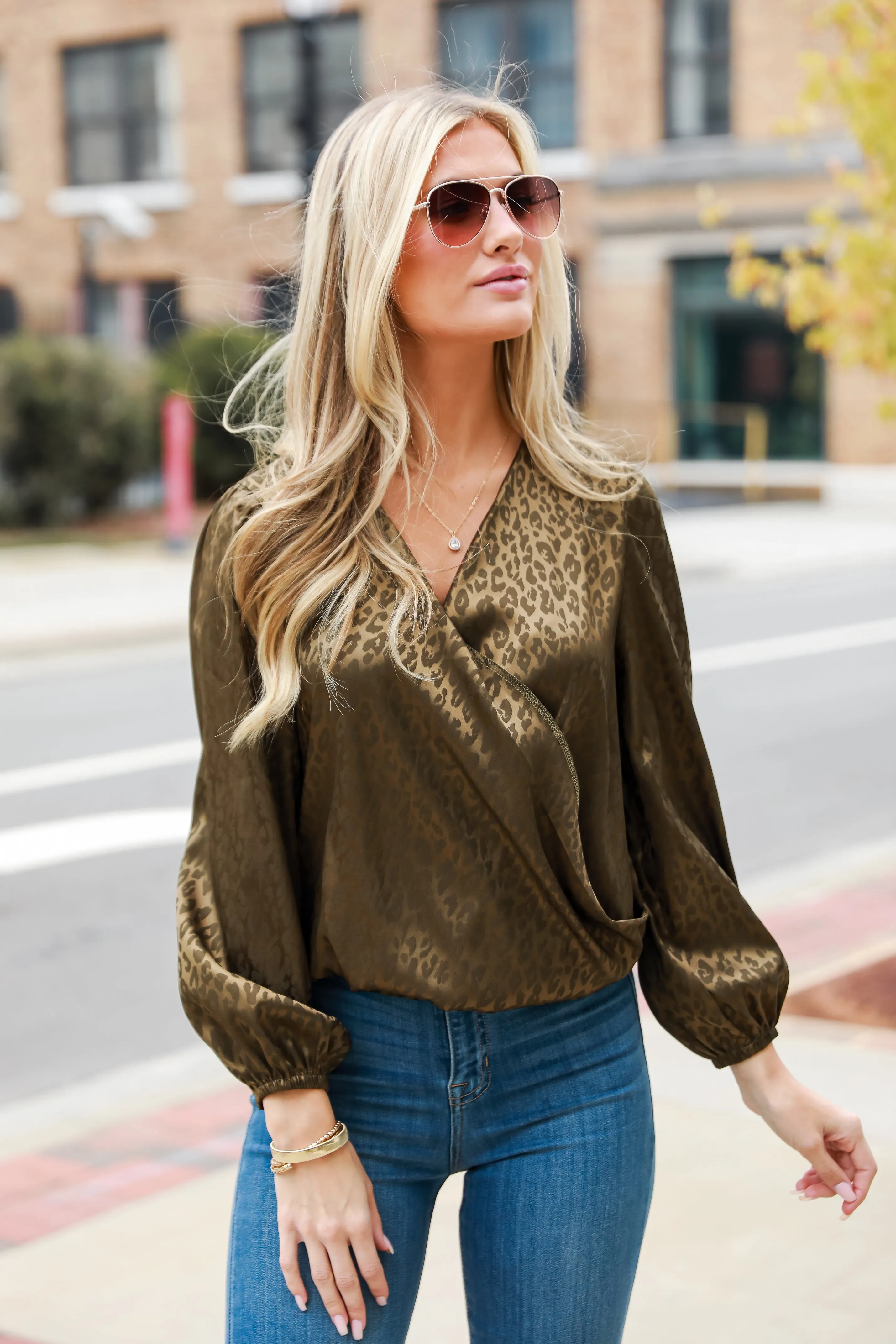 FINAL SALE - Acting Wild Olive Leopard Surplice Blouse