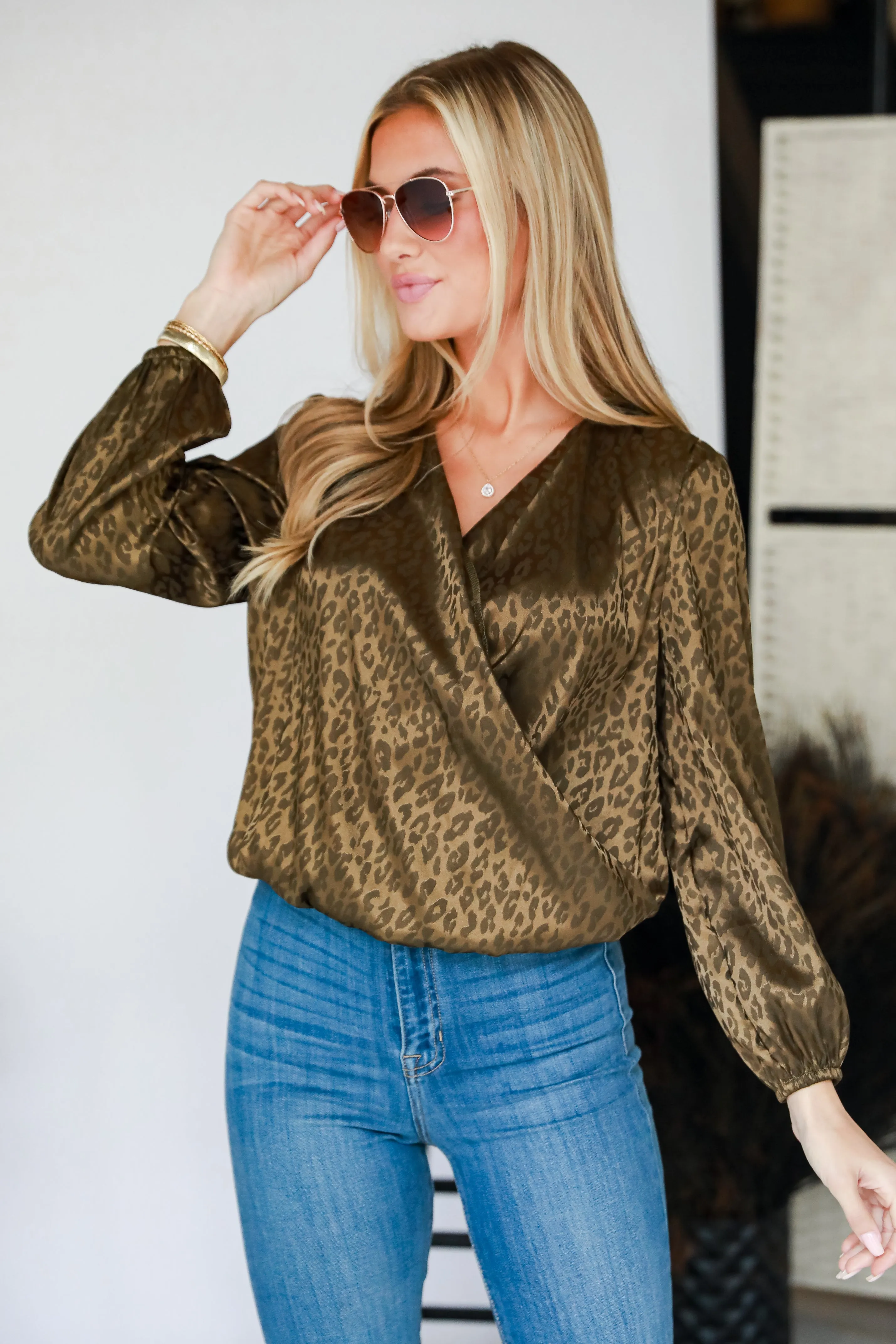 FINAL SALE - Acting Wild Olive Leopard Surplice Blouse