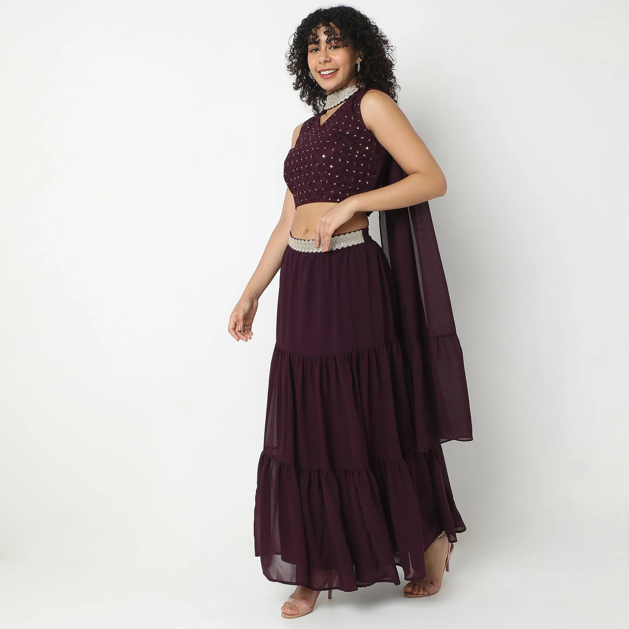 Flare Fit Embellished Ethnic Crop Top Skirt Set with  Dupatta