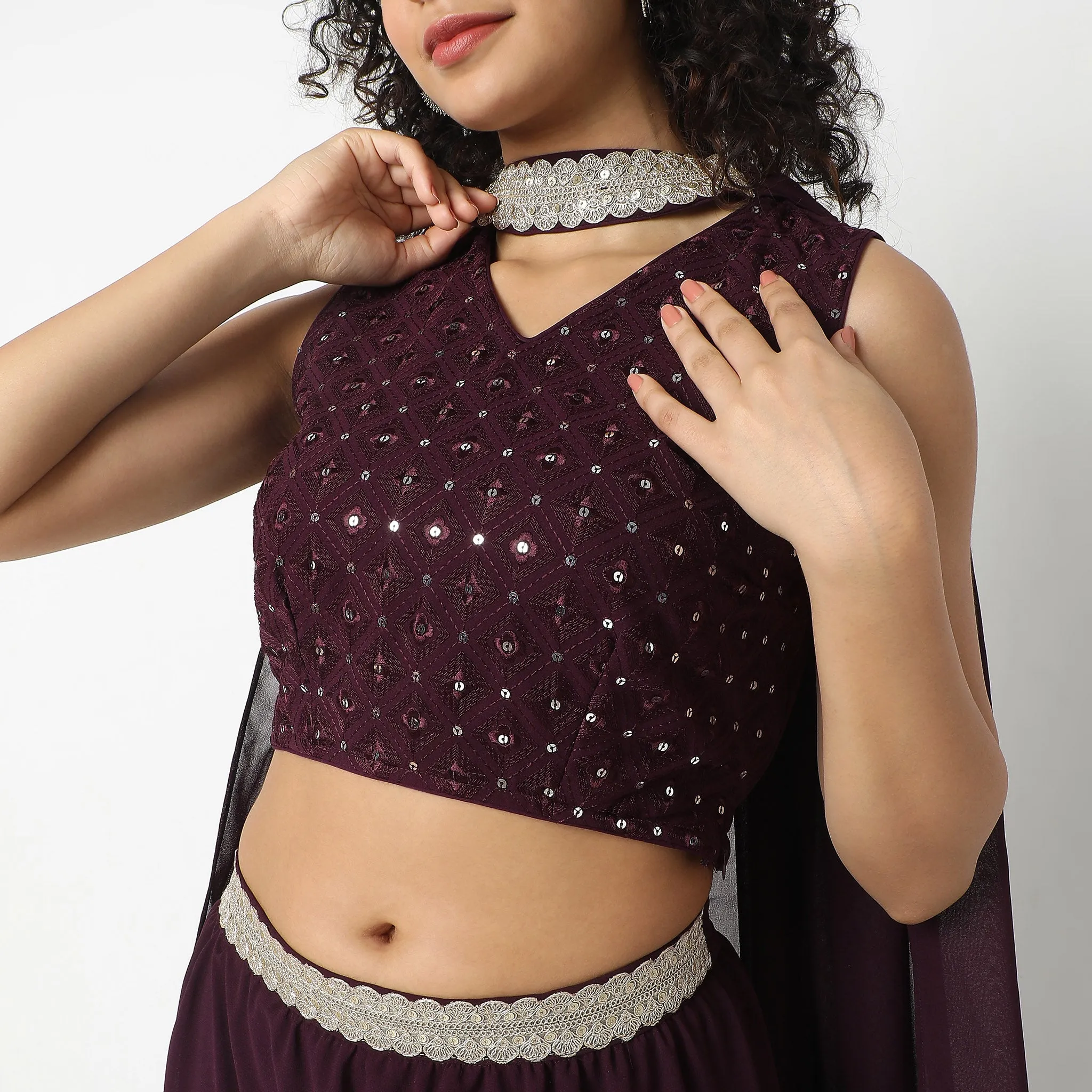 Flare Fit Embellished Ethnic Crop Top Skirt Set with  Dupatta