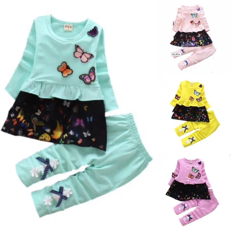 Girls Butterfly Tulle Ruffled Top And Pants 2 Pcs Set