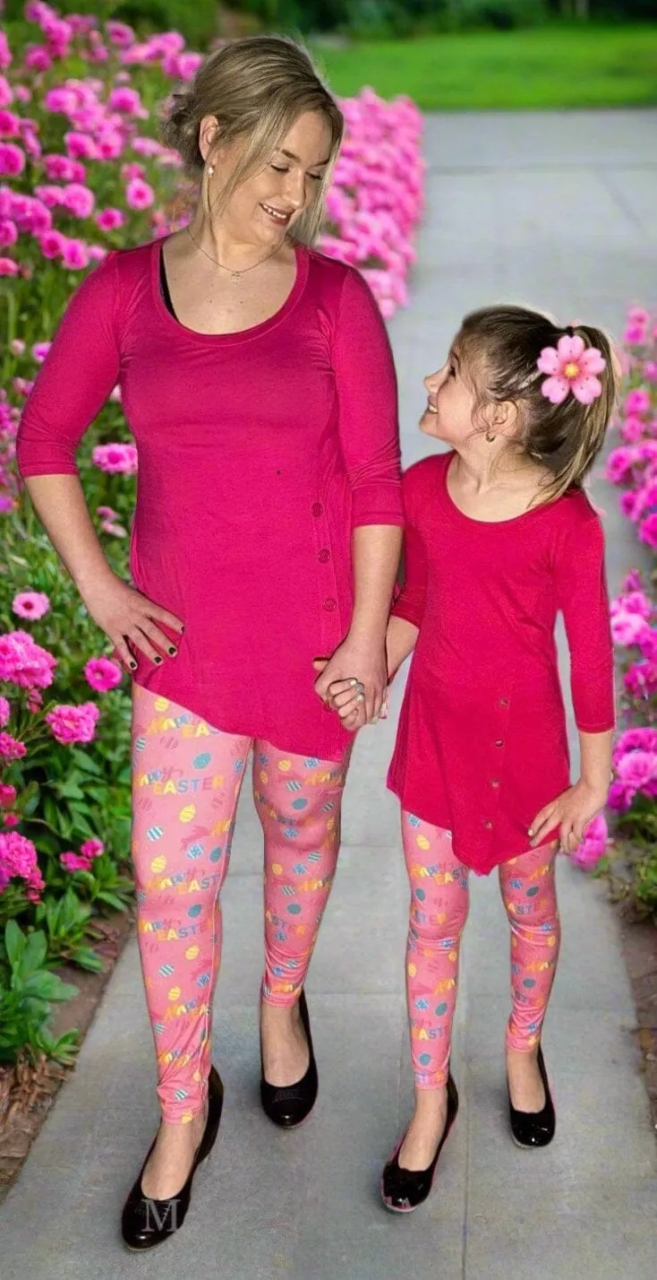 Girls Happy Easter Leggings, Kids Yoga Pants, Sizes S/L, Yoga Waist, Pink, Exclusive Leggings